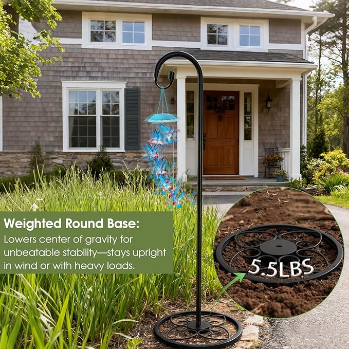 63" Adjustable Shepherd Hook Stand with Round Base Stand for Wind Chime, Bird Feeder, Lantern for Indoor & Outdoor Garden Patio Home Decor.