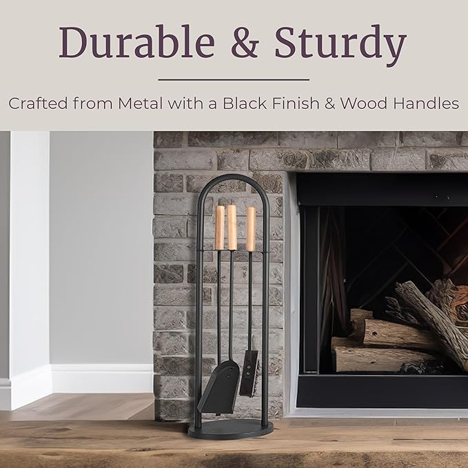 4 Piece Fireplace Tools Set Indoor Outdoor - Fireplace Accessories Set with Poker, Brush, Shovel, and Stand - Fire Tools for Fire Places, Firepits, and Woodstoves by Lavish Home (Black)
