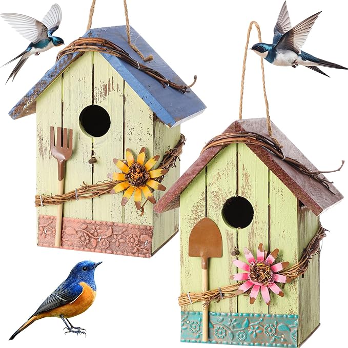 2 Pcs Decorative Birdhouse for Yard Outside Hanging Wooden Birdhouse Hand Painted Bird Box for Bird Lovers Bluebird Tree Swallow Wild Chickadee Garden Decor(Light Color,Wooden Roof)
