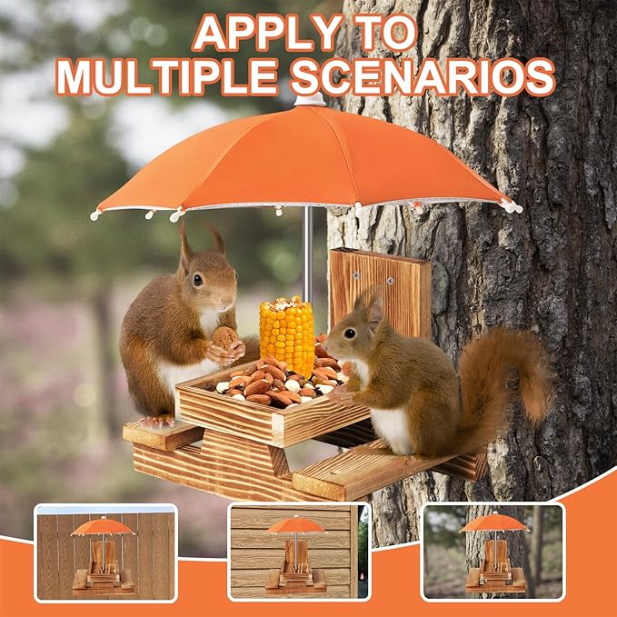 Gnodary Squirrel Feeder with Umbrella, Squirrel Feeders for Outside, Squirrel Picnic Table Feeder - Chipmunk Feeder Hold Corn, Corn Cob, Peanuts Style2 (Orange)