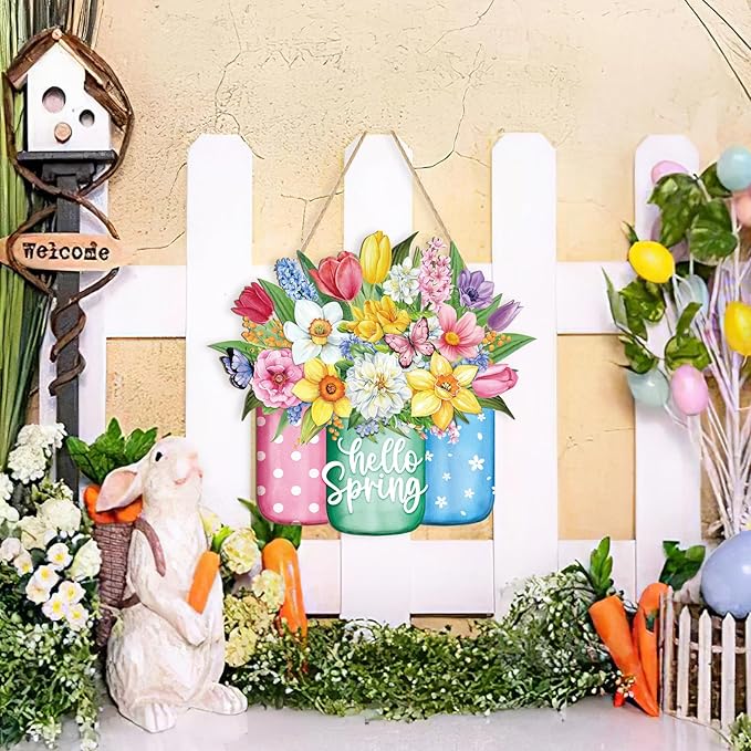 Spring Wreath for Front Door Sign Wall Signs Decoration,Flower Wreath Sign Hello Spring Welcome Hanging for Home Wall Decor Party Outdoor Indoor Supply Easter Decoration