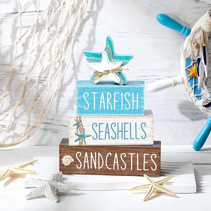 4 Pcs Beach Summer Table Decor Starfish Seashell Coastal Wooden Block Sign Ocean Tiered Tray Decor Farmhouse Table Centerpieces Rustic Nautical Decorations for Home Office Desk Shelf Mantel