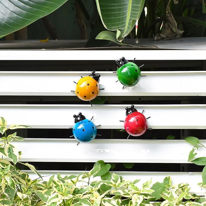 MACLARONX Metal Ladybugs Outdoor Yard Art Garden Fence Decor Set of 4 Cute Lady-Bugs Wall Sculptures Colorful 3D Ornaments for Backyard Balcony