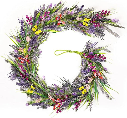 6.5 Ft Artificial Lavender Purple Garland Spring Summer Lavender Wild Flower Butterflies Wreath Swags Vine for Wedding Arch Porch Stair Table Indoor Door Home Mantle Fireplace All Year Decoration