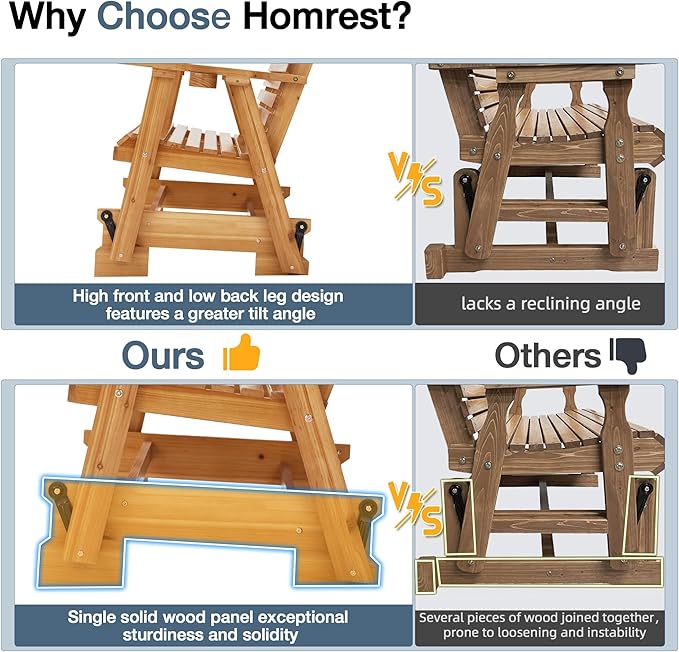 HOMREST Wooden Patio Glider Bench Chair Set with Cup Holders Outdoor Loveseat Glider with Ergonomic Deep Contoured Seat and High Roll Back, Heavy Duty 800LBS for Garden Porch Balcony, Brown