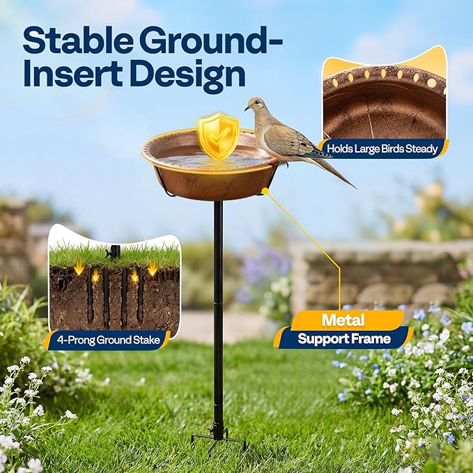 VIVOHOME Bird Bath for Outside, Outdoor 13'' Birdbath Bowl with Metal Ground Stake, Weather-Resistant ABS Bird Bath and Feeder for Garden, 1.45 Gallons, Bronze