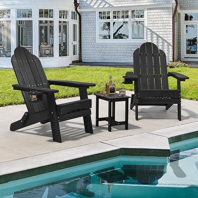 LUE BONA Folding Adirondack Chair 3 Piece Set, Black HDPS Outdoor Chair with Side Table & Cup Holder for Fire Pit Porch Seating