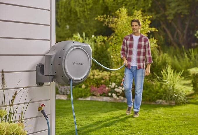 GARDENA (20500) Retractable Garden Hose Reel 50' x 1/2" hose, Wall Mounted, Automatic Retraction & Length Lock for Easy Watering. Heavy Duty Swivel Bracket 180°, Includes Nozzle. Made in Europe