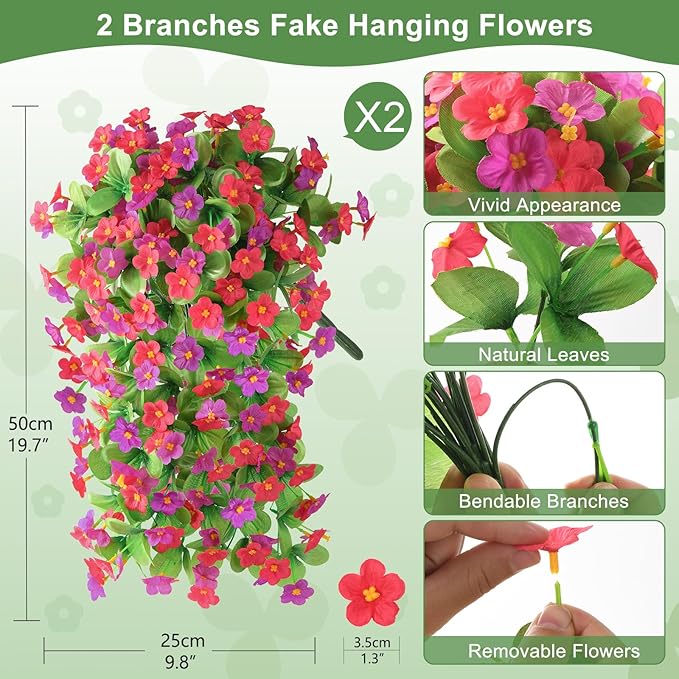 Artificial Fake Hanging Flowers for Outdoors, 2 Pcs Artificial Hanging Plants Outdoors Spring Summer Decor, UV Resistant Faux Violet Silk Flowers for Planters Front Door Yard Garden(Pink Rose Red)