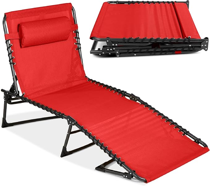 Best Choice Products Patio Chaise Lounge Chair, Portable Outdoor Folding Recliner for Lawn, w/ 8 Positions, Handles, 300lb Capacity - Red