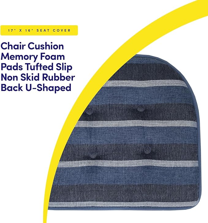 Sweet Home Collection Chair Cushion Memory Foam Pads Tufted Slip Non Skid Rubber Back U-Shaped 17" x 16" Seat Cover, 6 Count (Pack of 1), Bradford Steel Blue