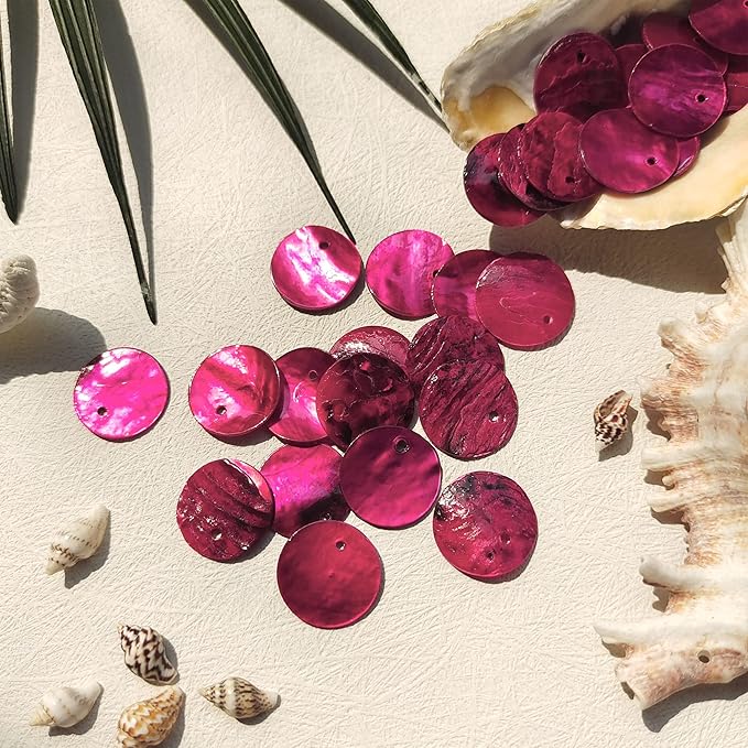 Firstmeet Shell Beads 150pcs Natural 15mm Flat Round Mussel Shell Coin Drop Charm Beads with Iridescent Back for Handcraft Jewelry Making(DIY-1023-Magenta-15)
