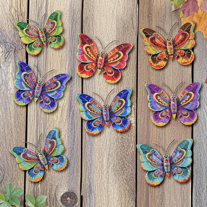Junware 8 Pieces Metal Butterfly Wall Art Decor - 5.9" Outdoor Fence Wall Sculpture Decor, Hanging Decoration for Garden Yard Living Room Bedroom Patio Balcony, Nice Gift for Mom Friend