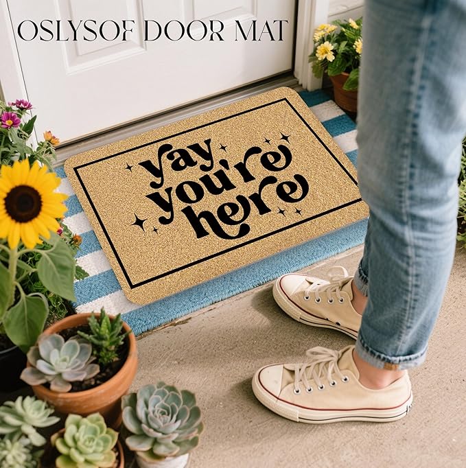 Funny Coir Door Mat, Yay You're Here Doormat for Front Door Indoor Outdoor Porch Entrance Entryway, Funny Welcome Mat Outside, 17x30 Inches