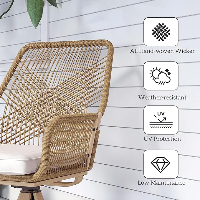Outsunny Swivel Patio Chairs Set of 2, Rattan Outdoor Patio Dining Chairs with Soft Cushions and Metal Frame for Backyard, Lawn, Porch, or Garden, Khaki