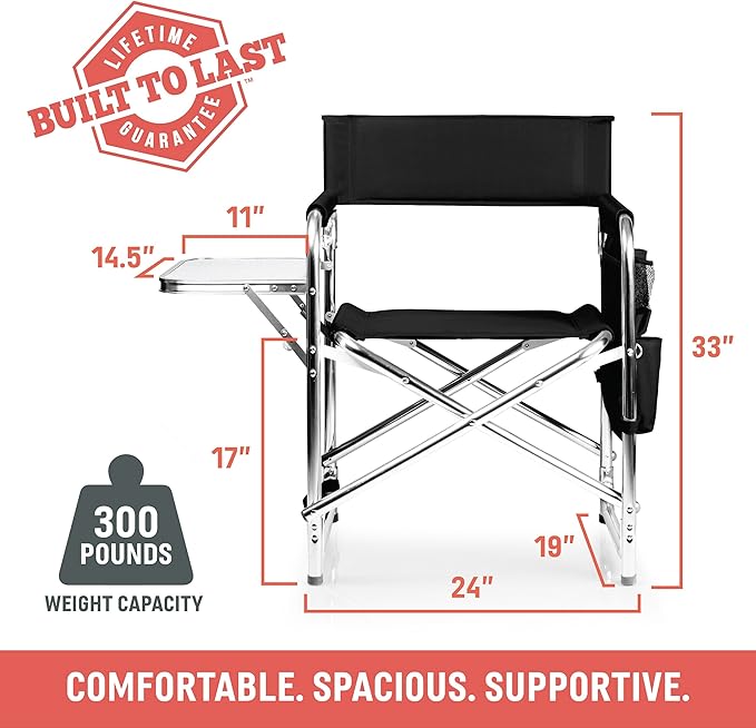 PICNIC TIME Sports Chair with Side Table, Outdoor Foldable Padded Adult Camping Chairs with Cup and Accessory Panel for Lawn, Beach, & Sports Use for Adults, up to 300-lbs Capacity, (Purple)
