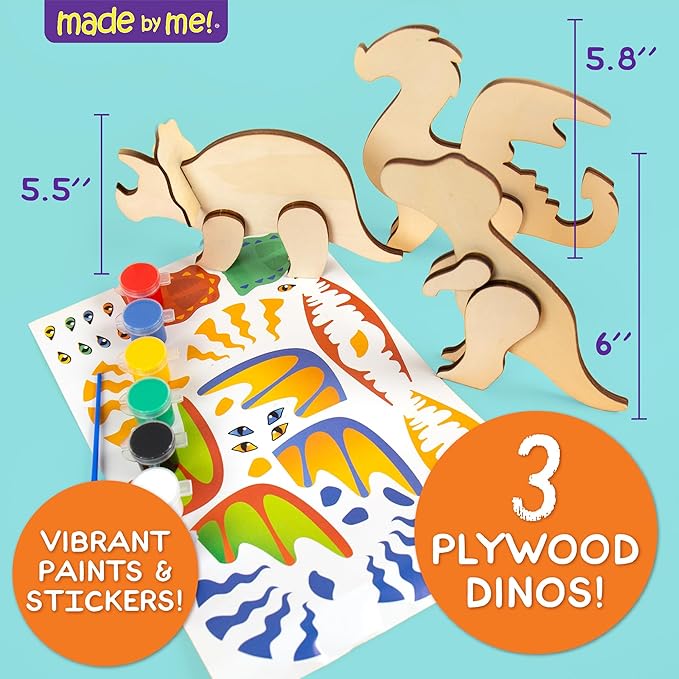 Made By Me Build & Paint Your Own Wooden Toys, DIY Wood Craft Kit, Easy to Assemble, 3D Dinos and Friends