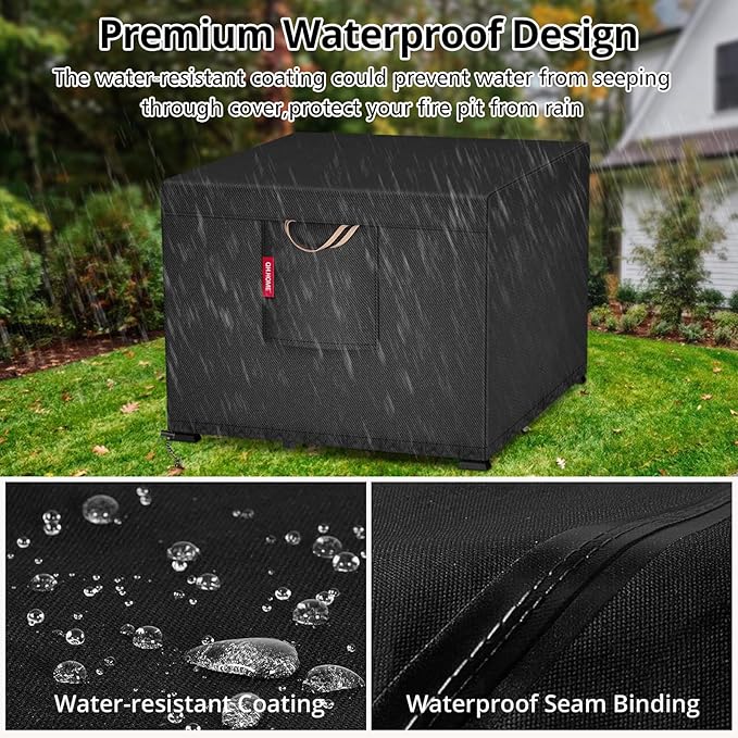 QH.HOME [2026 Upgraded 900D Heavy Duty Fabric] 32’’ Fire Pit Cover Square for 30/32 inch Fire Pit/Table, Waterproof Tear -Resistant Firepit Cover with Air Vent, 32"L x 32"W x 24"H - Black