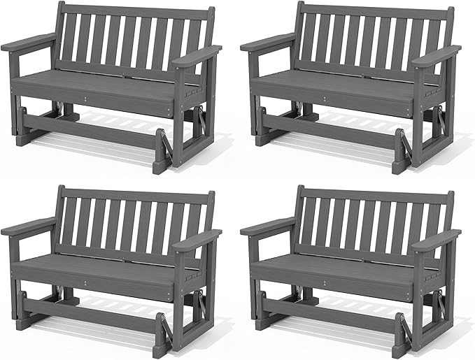SERWALL Outdoor Glider Bench Set of 4, HDPE Weather-Resistant Swinging Bench for Backyard Garden Porch, Grey