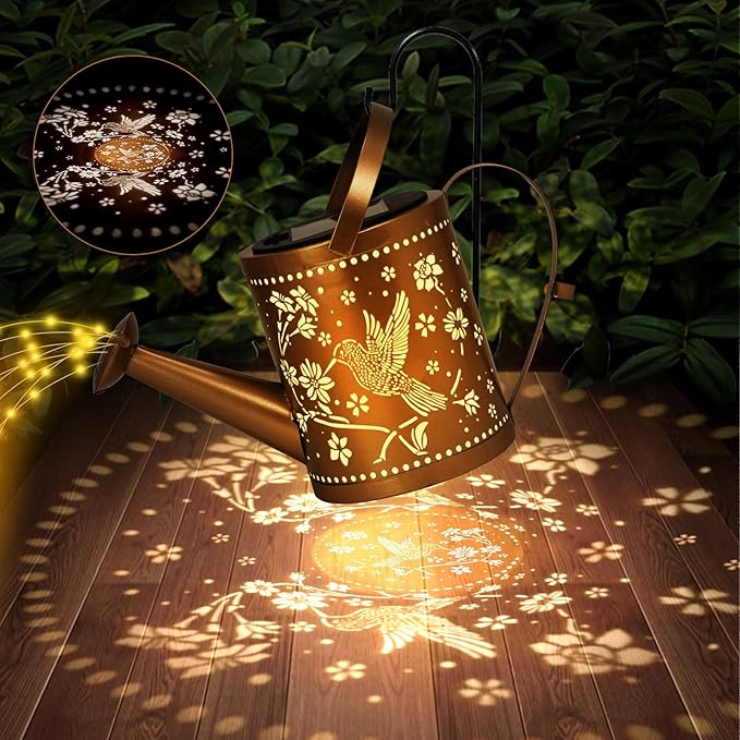 Gifts for Women Mom, Outdoor Hanging Solar Lantern Waterproof Metal Openwork Hummingbird Watering Can Landscape Lights with Shepherd Hook for Porch Lawn Driveway Backyard Pathway
