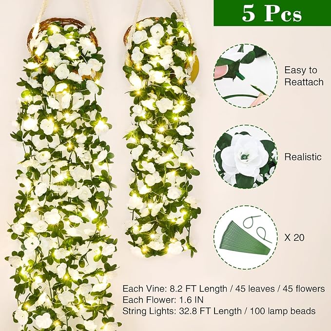 BLEUM CADE 5Pcs 41Ft Flower Garland Artificial Rose Vines with 32.8Ft String Lights, Cute Fake Hanging Flower Vines Floral Garland Decorations for Wedding Party Wall Room Decor Aesthetic