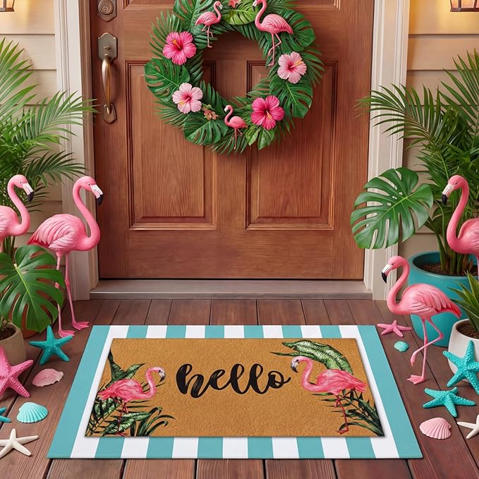 Tinideya 2 Pcs Door Mat Welcome Non Slip Coir Mats Floor Layering Doormats Seasonal for Front Porch Entryway Decor (Hello Flamingo)