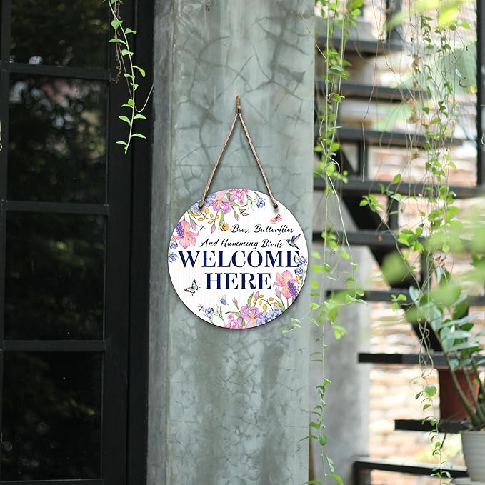 Spring Hanging Decor For Front Door, Outside Hummingbird Round Sign Decor For Farmhouse Home Yard Porch, Hello Spring Decorations, Welcome Spring Wall Plaque Gifts For Friends Family -10