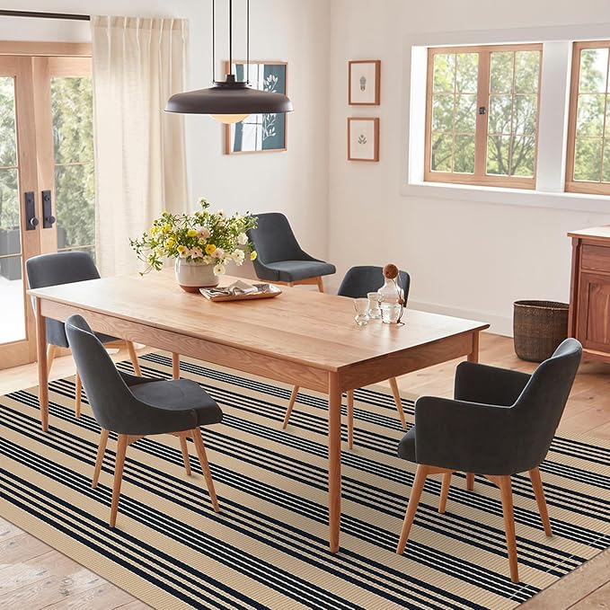 IOHOUZE Black and Tan Striped Rug 5'x7' Indoor Outdoor Rug, Washable Area Rug for Living Room, Large Patio Rug, Cotton Striped Rugs for Patio Living Room Bedroom