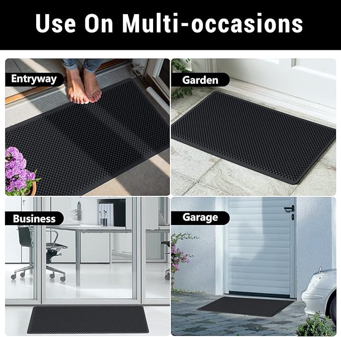 Fowooyeen Outdoor Door Mat, 30'' x 17'' Silicone Scraper, Non-Slip Washable Weatherproof Entrance Mat, Low-Profile Shoe Cleaner for Indoor or Outdoor Use, Black