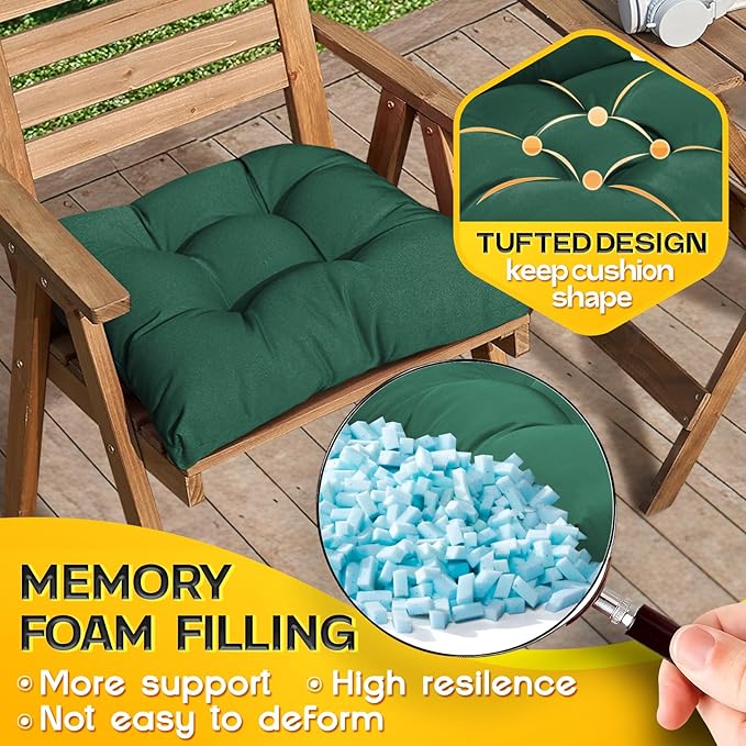 MAGIC ELEPHANT Outdoor Chair Cushions Set of 2, Memory Foam Seat Cushion Pads for Wicker Chair and Patio Furniture, 19 x 19 Inches (Green)