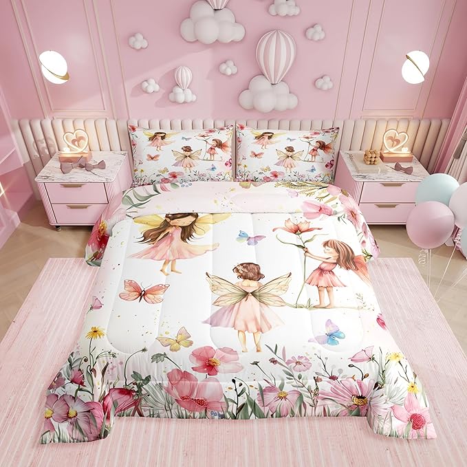 Erosebridal Dreamy Fairy Queen Comforter Set,Pink Fairy Garden Bedding Sets for Girls Kids,Cute Floral Butterfly Quilt Bed Set,Princess Girly Coquette Bedroom Decor,2 Pillowcases Lightweight
