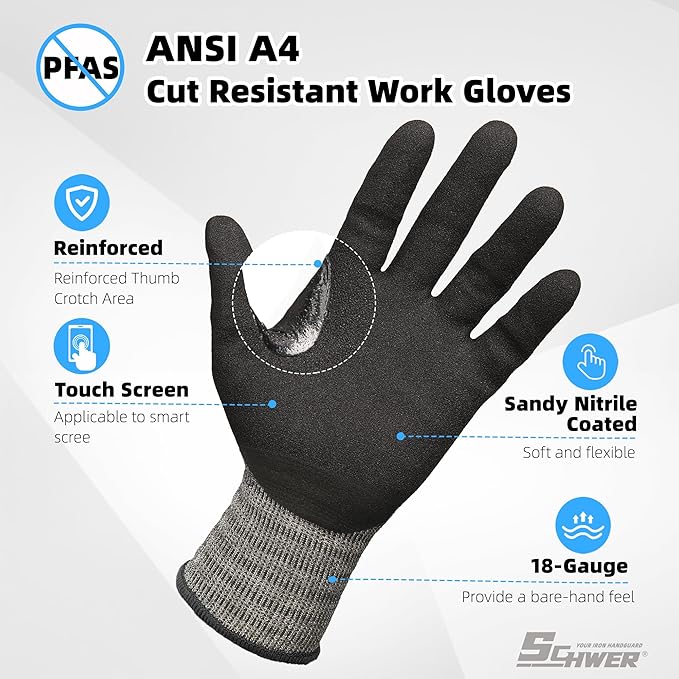 Schwer A4 AIR-SKIN Cut Resistant Work Gloves AR5918 with Extreme Lightweight & Thin, Grip Gloves for Gardening, Fishing, Refined Work, Mechanic, Touch-Screen, Non-PFAS, 3D-Comfort Fit, 1 Pair (M)