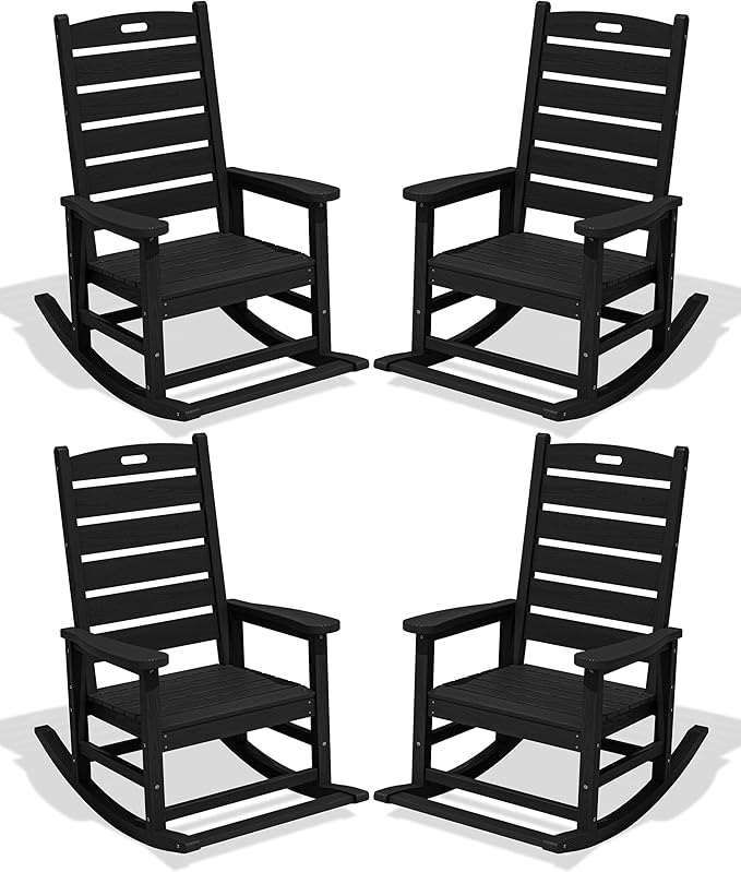 SERWALL Outdoor Rocking Chair Set of 4, Oversized HDPE Patio Rocking Chair with Footrest for Adults, All Weather Porch Rocker for Deck Patio Balcony, Black