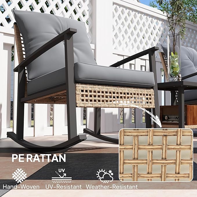 Outsunny 3 Pieces Rocking Wicker Outdoor Bistro Set, Rattan Patio Furniture Set with Coffee Table and Porch Chairs, Button Tufted Cushions for Backyard, Balcony, Garden, Gray
