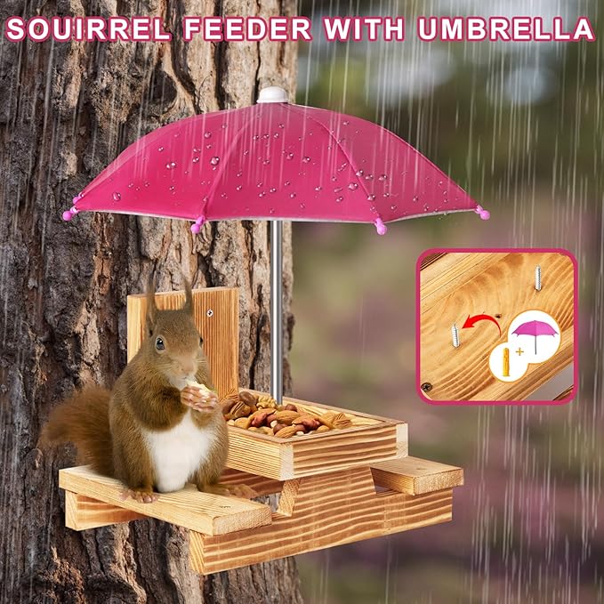 Gnodary Squirrel Feeder with Umbrella, Squirrel Feeders for Outside, Squirrel Picnic Table Feeder - Chipmunk Feeder Hold Corn, Corn Cob, Peanuts Style2 (Dark Pink)