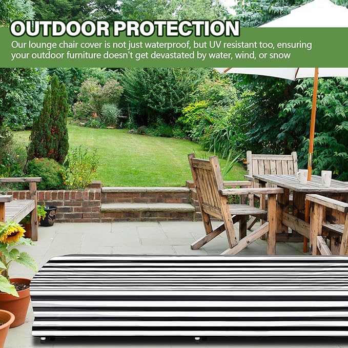 2 Pcs Patio Chaise Lounge Cover Waterproof Outdoor Lounge Chair Cover 30" D x 83" W x 12" H UV Resistant with Handle Strap for Furniture Protection (Black and White Stripe)