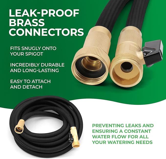 Garden Hose, NON-EXPANDABLE Garden Hose, Super Light Weight Hose, No Burst, 3/4 inch Solid Brass Connectors (Black, 25 Feet)