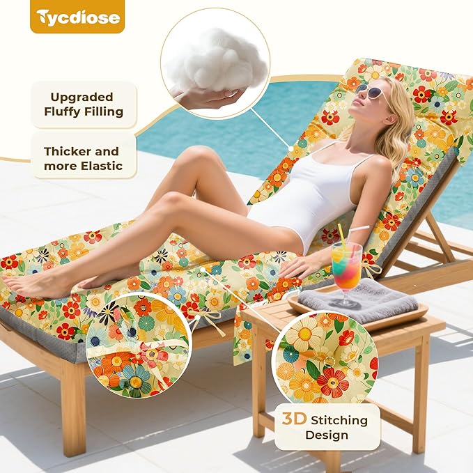 Outdoor Chaise Lounge Chair Cushion, 71 x 22 x 4.7 Inches Waterproof Chaise Lounge Cushions Replacement for Outdoor Furniture, Thickened Non-Slip Patio Lounge Chair Cushions, Daisy