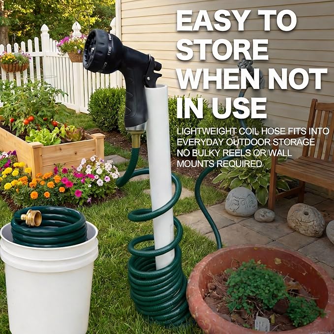 10FT Recoil Garden Hose for Balcony: Lightweight Green EVA Coil Water Hose with Brass Fittings - Compact and Easy Storage for RV Small Outdoor Use Connection