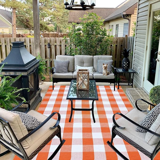 Fall Outdoor Rug Orange Buffalo Plaid Outdoor Rug Cotton Hand-Woven Buffalo Check Rug Layered Doormats for Front Door/Front Porch/Farmhouse/Entryway/Patio