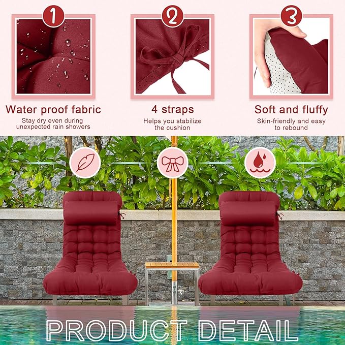 Tudomro 66'' Outdoor Chaise Lounge Cushion Waterproof Patio Lawn Pool Chaise Lounge Cushion with Headrest Pillow & Ties Weather Fade Resistant Replacement Longue Chair Pad