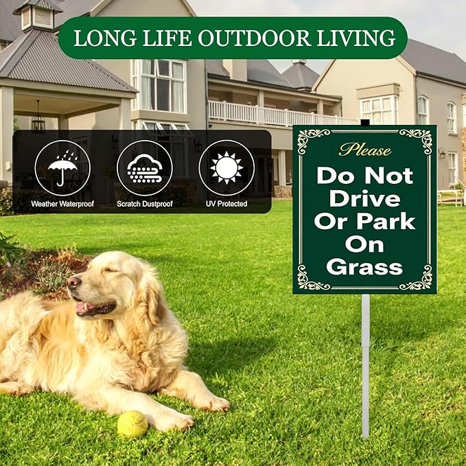Do Not Drive Or Park On Grass Yard Signs With Stake Rustproof Reflective Aluminum No Parking Decoractive Garden Stakes for Lawn Outdoor Decorations 8x12 In