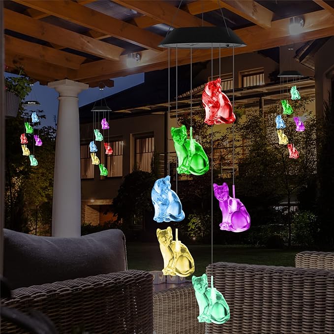 Cat Wind Chimes HiSolar Cat Solar Wind Chime Color Changing Outdoor Gifts fo Mom Grandma Friends Birthday Gifts for Mom, Grandma Gift, Gardening Memorial Wind Chimes