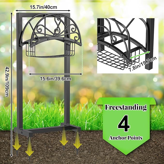 Garden Hose Holder,Heavy Duty Freestanding Detachable Storage Reel Stand,Upgraded 4 Spikes Hose Hanger for Outside Yard Lawn (Floral with Storage Basket)