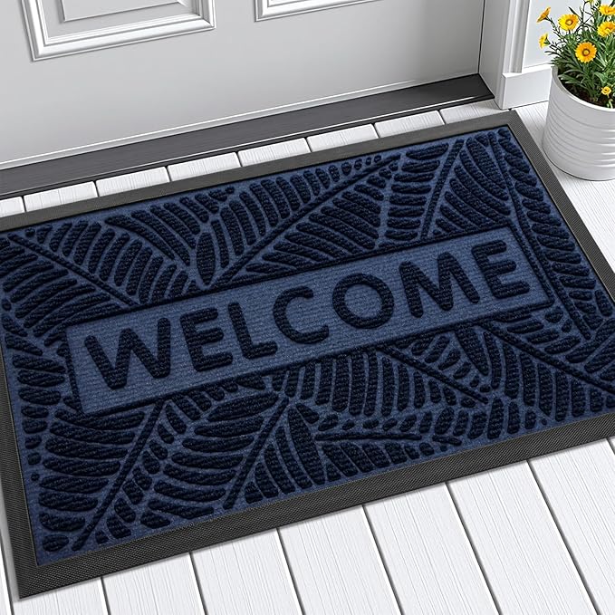 Smiry Welcome Mat Indoor Outdoor, All-Season Waterproof Front Door Mat, Sturdy Natural Rubber Doormat, Non-Slip, Easy Clean, Low Profile Dirt Trapper for Porch Patio Entrance, 35x23, Navy