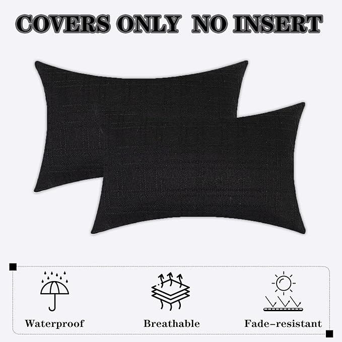 Kevin Textile Outdoor Waterproof Lumbar Pillow Covers 14x24 Inch Pack of 2 Checkered Decorative Rectangle Cushion Throw Pillowcases Shell for Patio Tent Garden Couch Bed Sofa Black