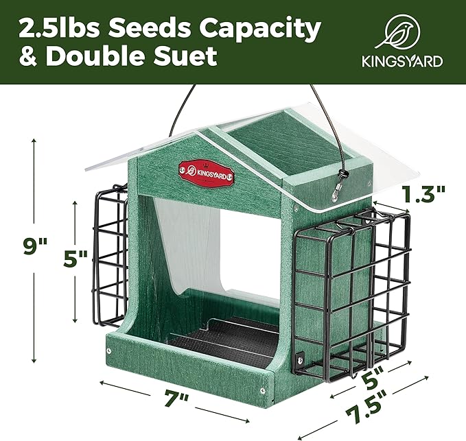 Kingsyard Bird Feeder for Outdoor Hanging - Recycled Plastic Double Suet Cages Wild Bird Feeder with Metal Mesh Tray and Rainproof Roof, 2.5 LBS Large Capacity. Green