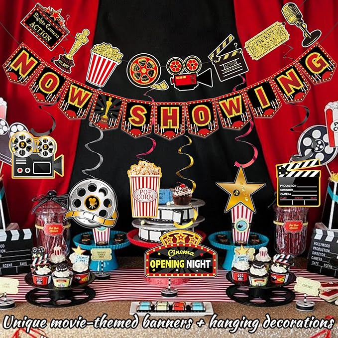 Movie Night Party Decorations Hanging, Movie Birthday Banners, Party Supplies Decor Decorations Decoration Banner Microphone Ticket for Theater Birthday Women Men The Kids' Boys Girls