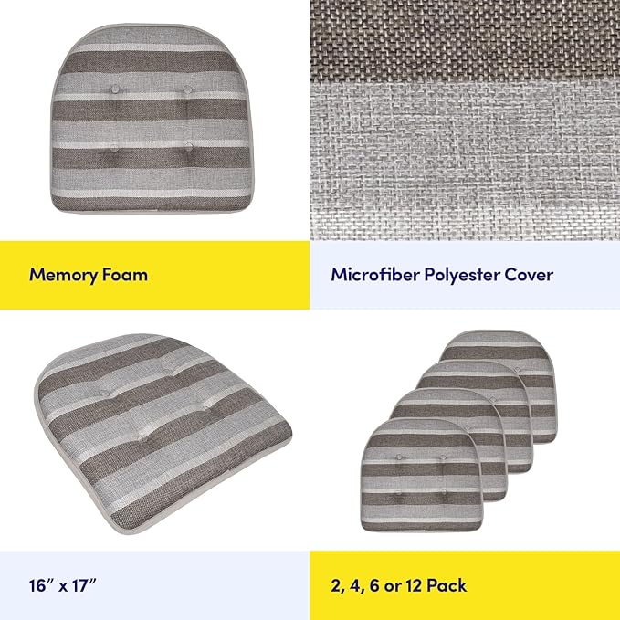 Sweet Home Collection Chair Cushion Memory Foam Pads Tufted Slip Non Skid Rubber Back U-Shaped 17" x 16" Seat Cover, 6 Count (Pack of 1), Bradford Silver/Brown