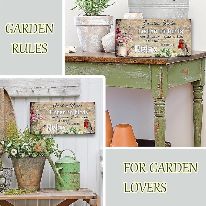 Vintage Garden Decor - Outdoor Wooden Gardening Sign - Funny Rules Listen to Birds - 16'x8'